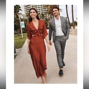 Satin Tie Front Side Cutout Midi Dress